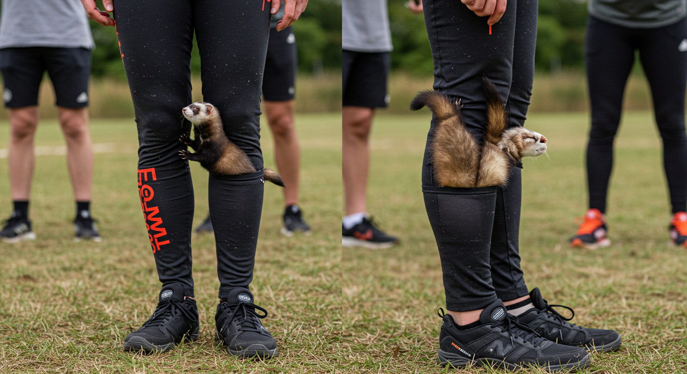 A competitor putting live ferrets down his trousers in an endurance sport, attempting to keep them there the longest."