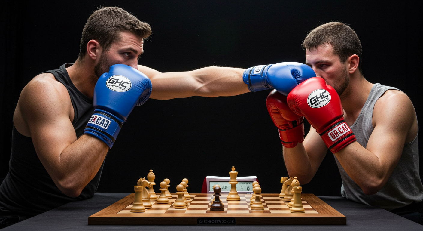 A chess boxing match where a player alternates between chess and boxing rounds, combining physical fitness with mental sharpness."