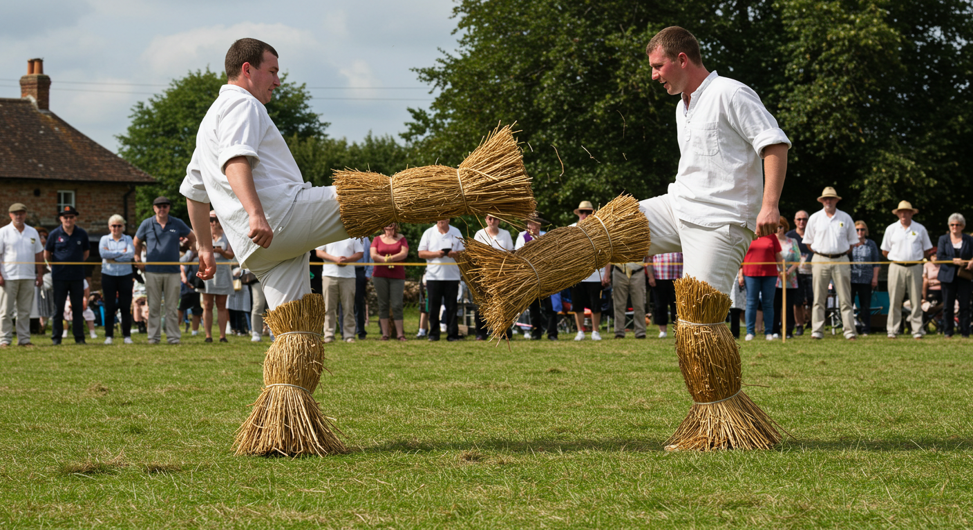 Two contestants kicking each other’s shins in a British sport, with straw stuffed in their trousers to cushion the blows."