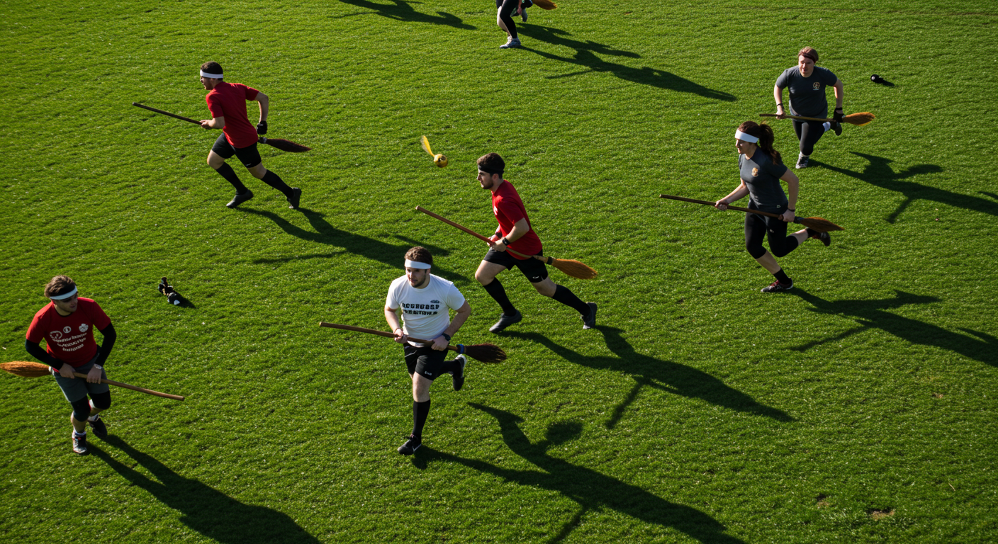 Real-life Quidditch players running with broomsticks between their legs and aiming to catch the Snitch.