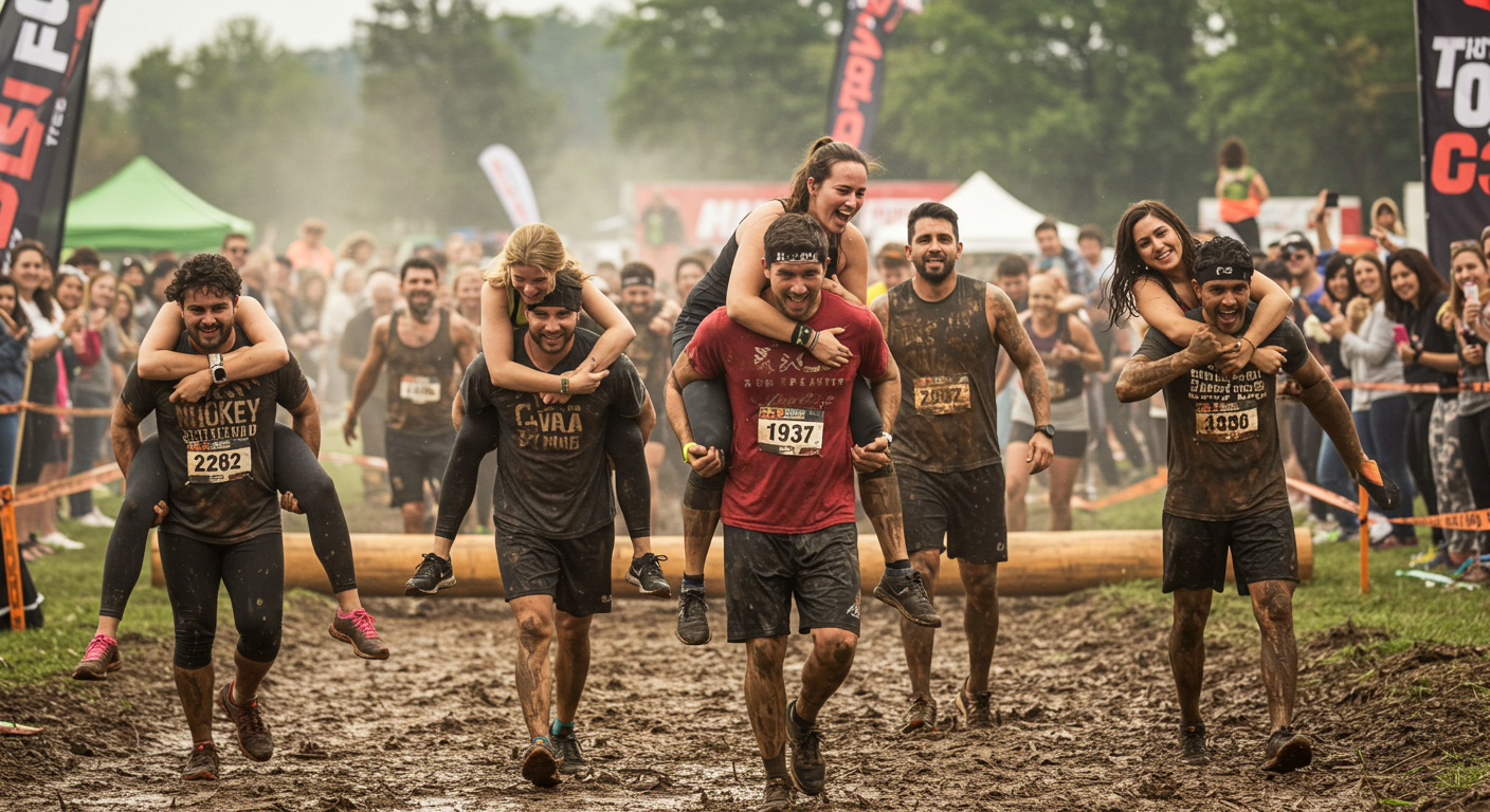 Men carrying their wives through an obstacle course, with different carrying techniques allowed in the race