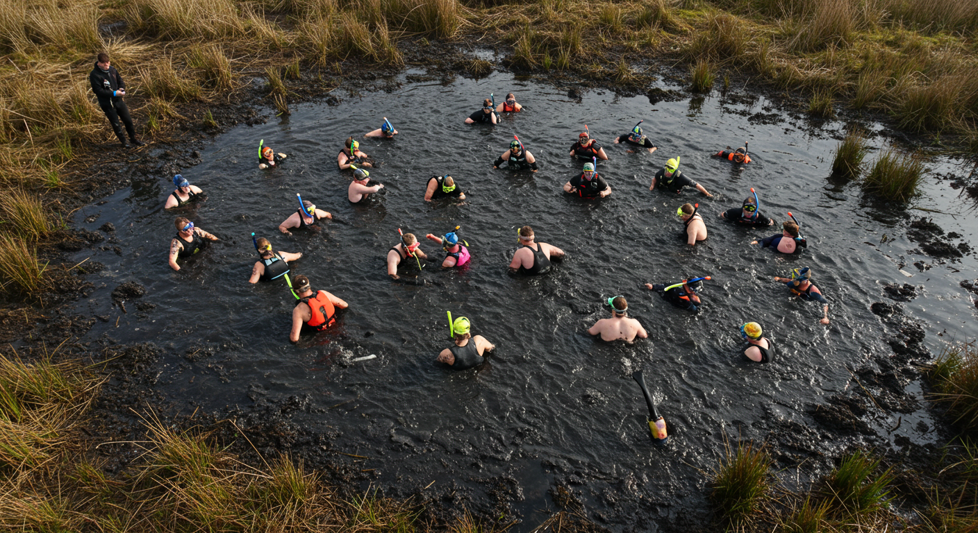 Competitors swimming through a muddy peat bog with only flippers and snorkels in a challenging race against the clock.