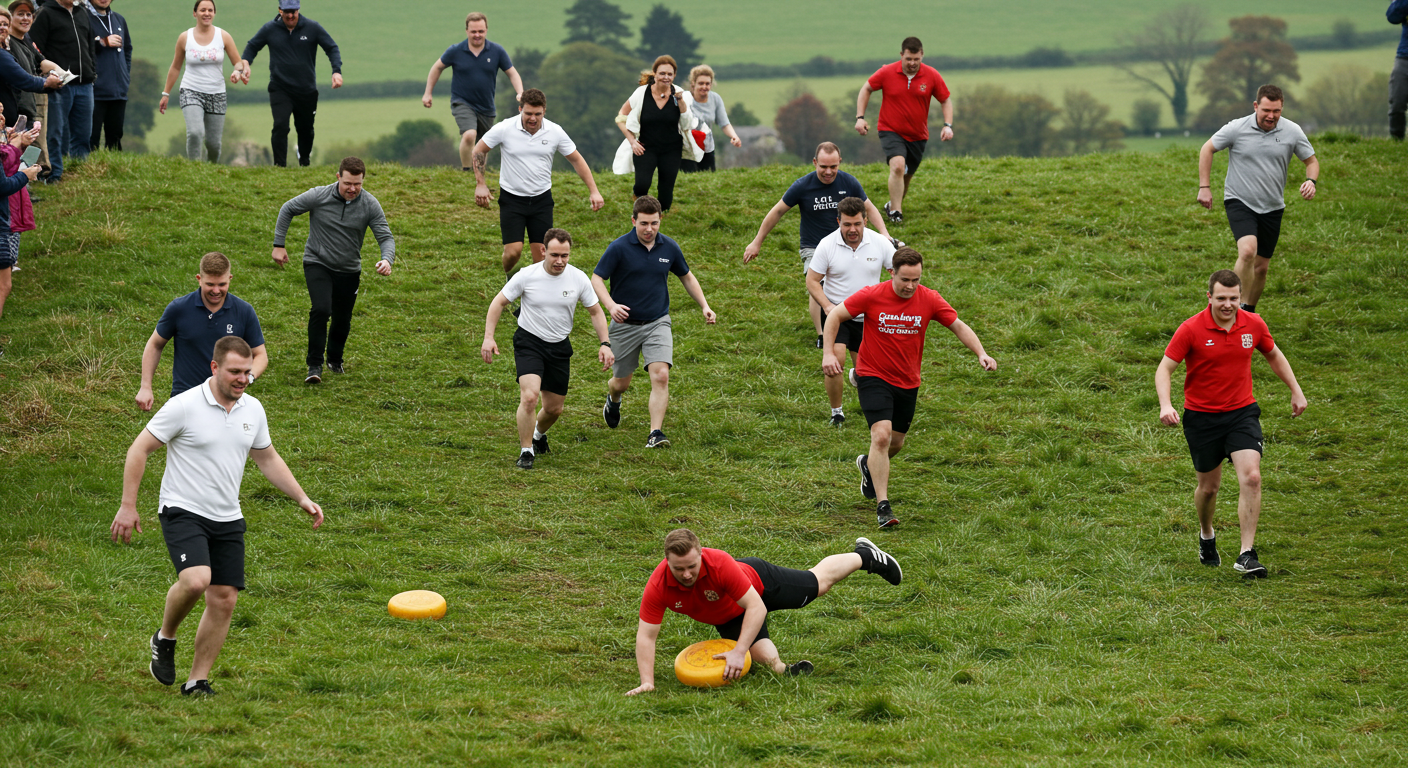 Participants chasing a wheel of cheese down a steep hill in Gloucestershire, often tumbling and rolling during the race."