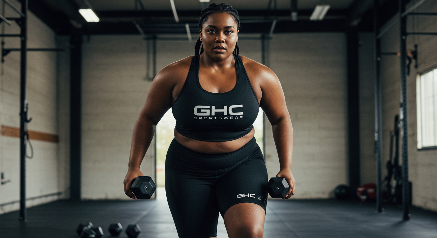 A plus-size athlete confidently wearing custom sportswear designed by GHC Sportswear, engaged in a dynamic workout. The clothing highlights both style and comfort with the GHC logo visible, set in an active indoor gym or outdoor space.