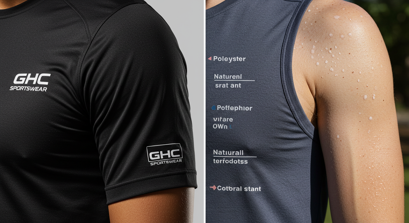 A side-by-side comparison of an athlete wearing synthetic moisture-wicking sportswear and a person in natural cotton fabric with visible sweat patches. Fabric textures of polyester, nylon, and cotton are highlighted in the background. The GHC Sportswear logo is visible on the synthetic apparel, emphasizing performance and innovation in sportswear.