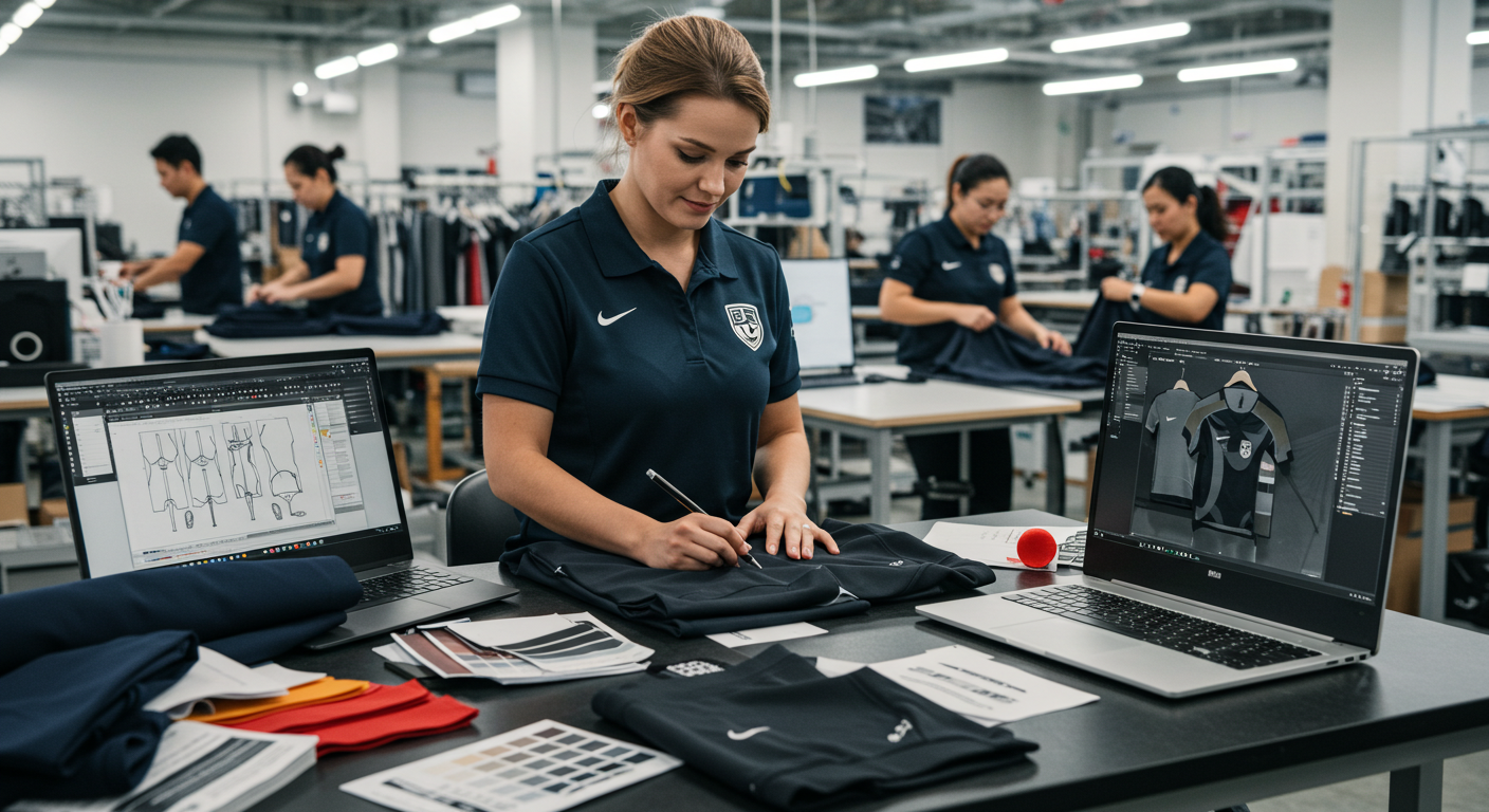 A designer working on a custom sportswear design with digital tools, surrounded by fabric samples and color swatches. In the background, a production team is assembling sportswear, highlighting the precision and quality of GHC Sportswear’s manufacturing process.