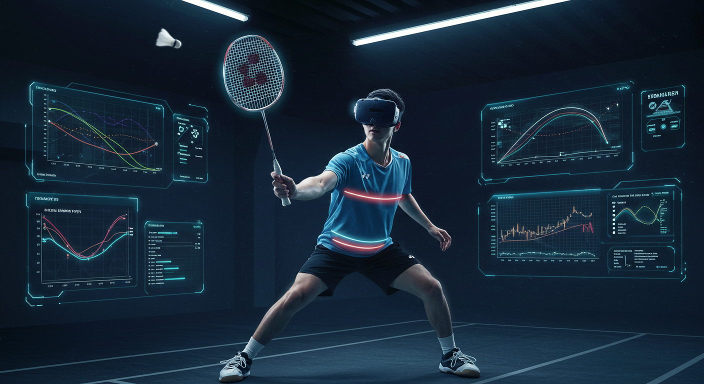 A badminton player practicing with VR goggles in a futuristic virtual court, with digital screens displaying shuttlecock trajectory, player stats, and training analytics, highlighting the role of virtual reality in badminton training.