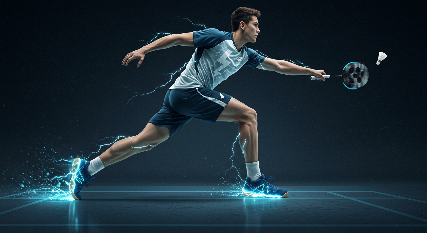 A dynamic badminton superhero in an ultralight, lightning-patterned uniform, glowing with electric blue accents. The player moves at incredible speed with glowing propulsion shoes, leaving streaks of light on a futuristic court.