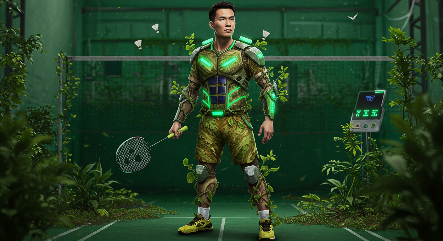 An eco-friendly badminton superhero in a sustainable uniform made from recycled materials. The outfit glows with green solar-powered accents as the player stands confidently on a court surrounded by plants.