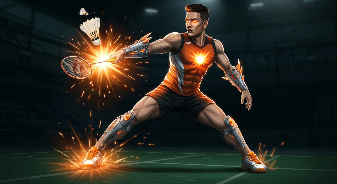 A powerful badminton superhero wearing a reinforced uniform with glowing orange energy emanating from the chest. The player delivers a smashing shot, creating visible shockwaves on a high-energy court.