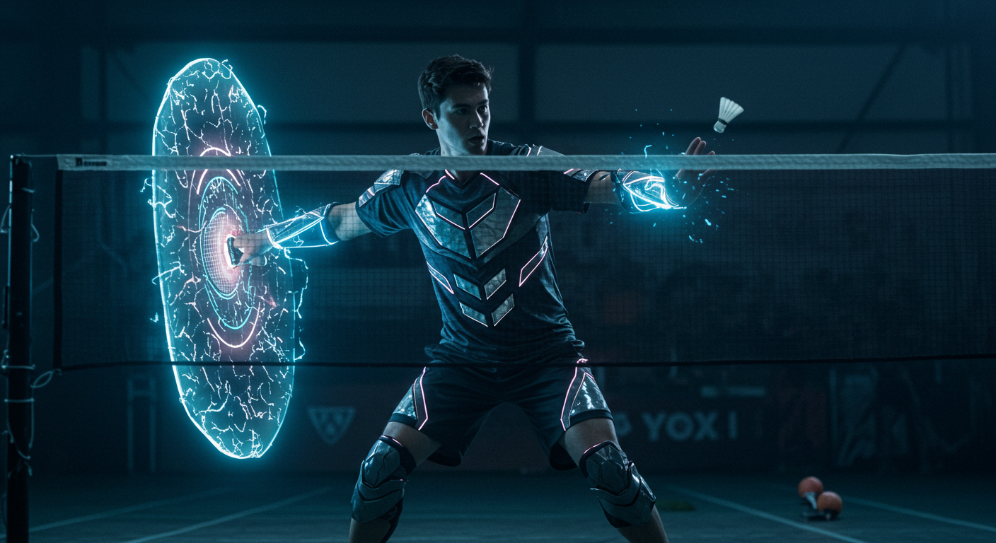 A defensive badminton superhero standing near the net, surrounded by an energy shield. The player wears reflective, metallic padded gear with glowing wrist sensors, ready to block incoming shuttlecocks.