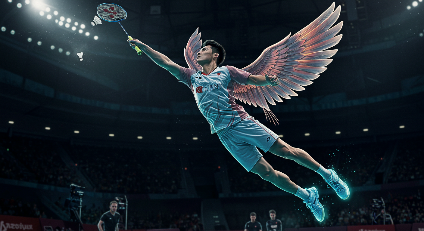 A badminton superhero soaring high in mid-air, equipped with anti-gravity boots glowing neon blue. The uniform features wing-inspired designs, capturing the hero's gravity-defying leap on a futuristic court.