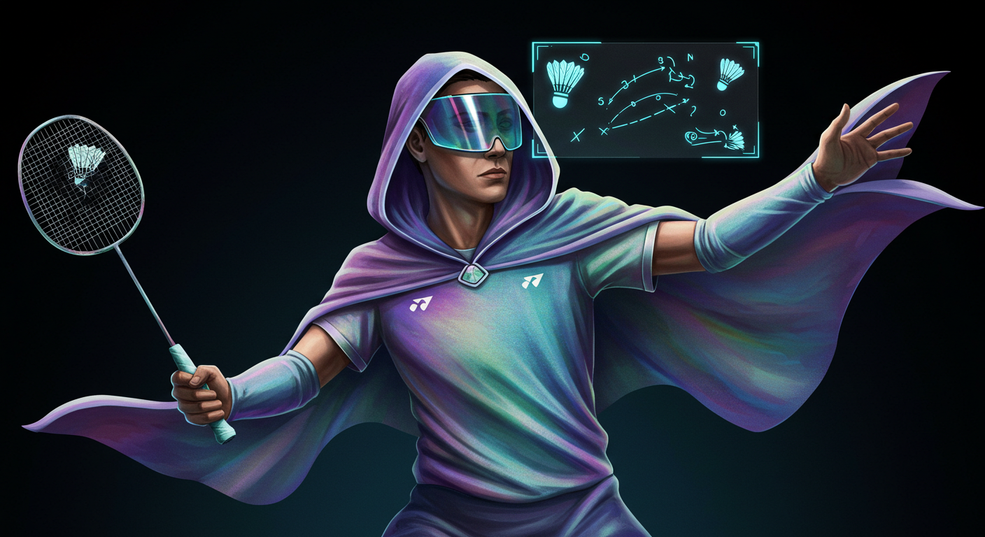 A clever badminton superhero in an iridescent, color-changing uniform with flowing cloak-like sleeves. The player uses a holographic display to strategically confuse opponents during gameplay.