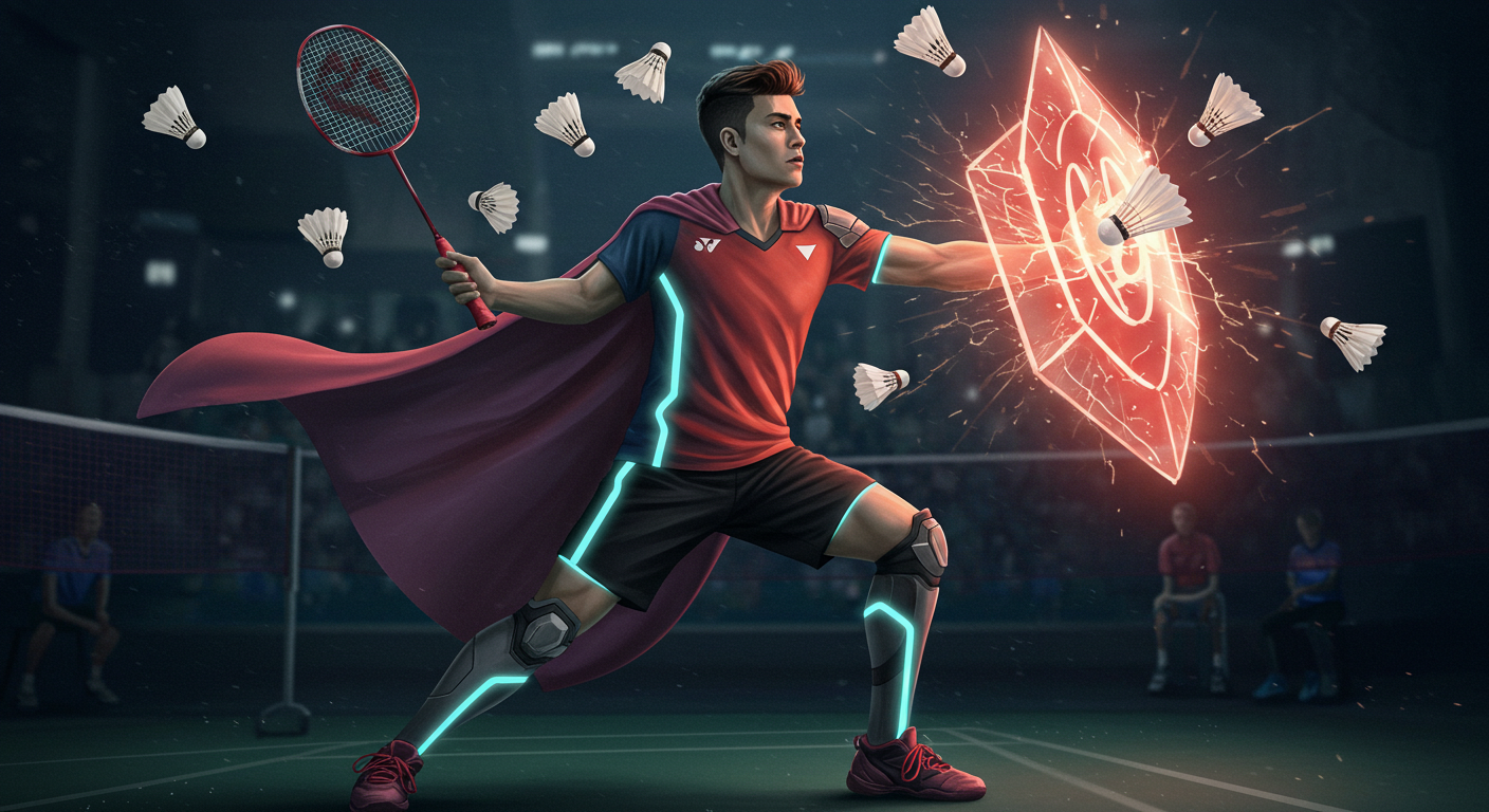 A badminton superhero standing confidently with a glowing energy shield generated from their cape, blocking multiple shuttlecocks. The flexible armor-like uniform radiates power and control.