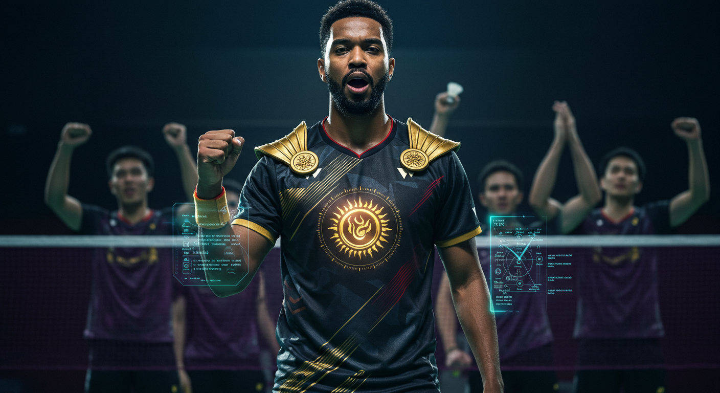 A commanding badminton superhero leading their team with a gold-accented uniform and glowing emblem. The hero rallies teammates with holographic wristbands displaying strategies during a critical match.