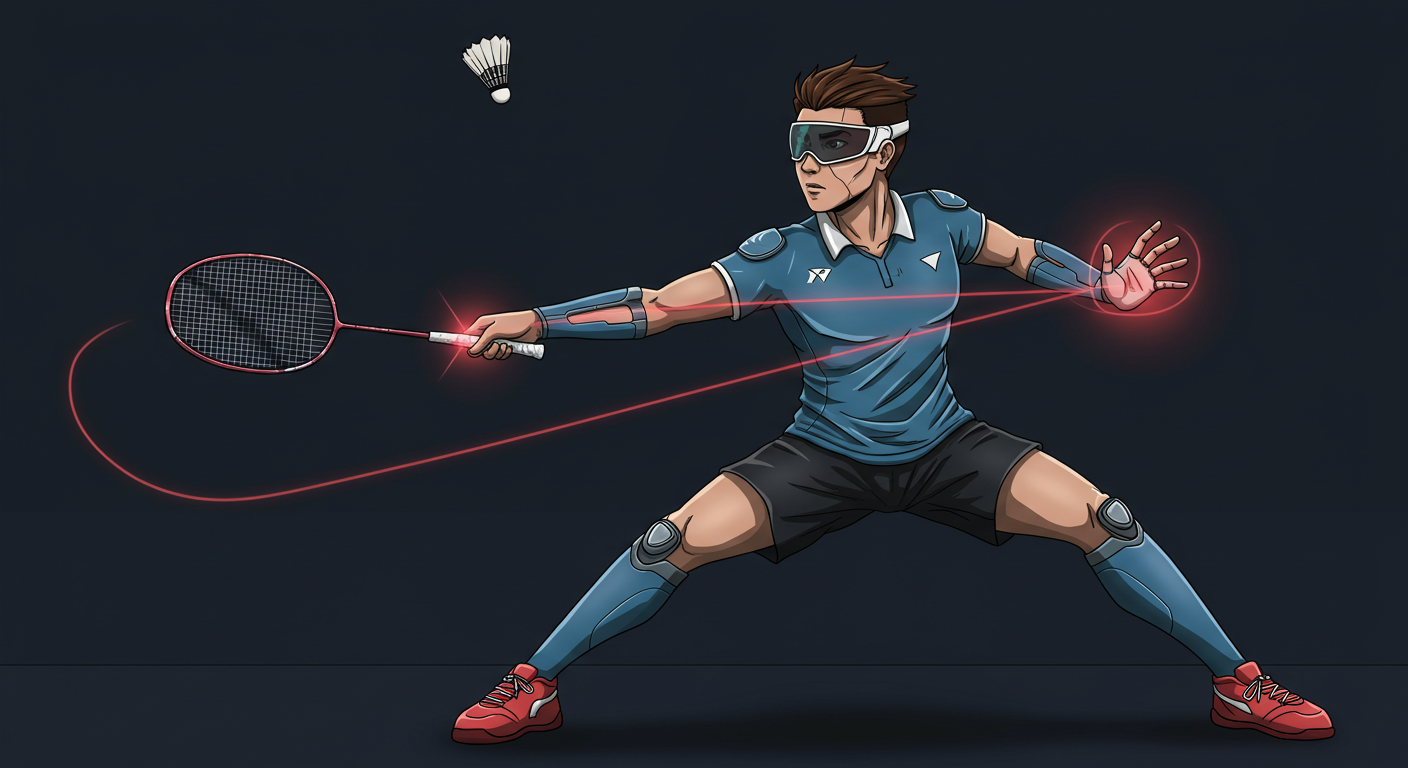 A badminton superhero in a pulsating, glowing orange uniform, radiating endless energy. Equipped with hydration packs, the hero exudes power and stamina during the final moments of an intense match.