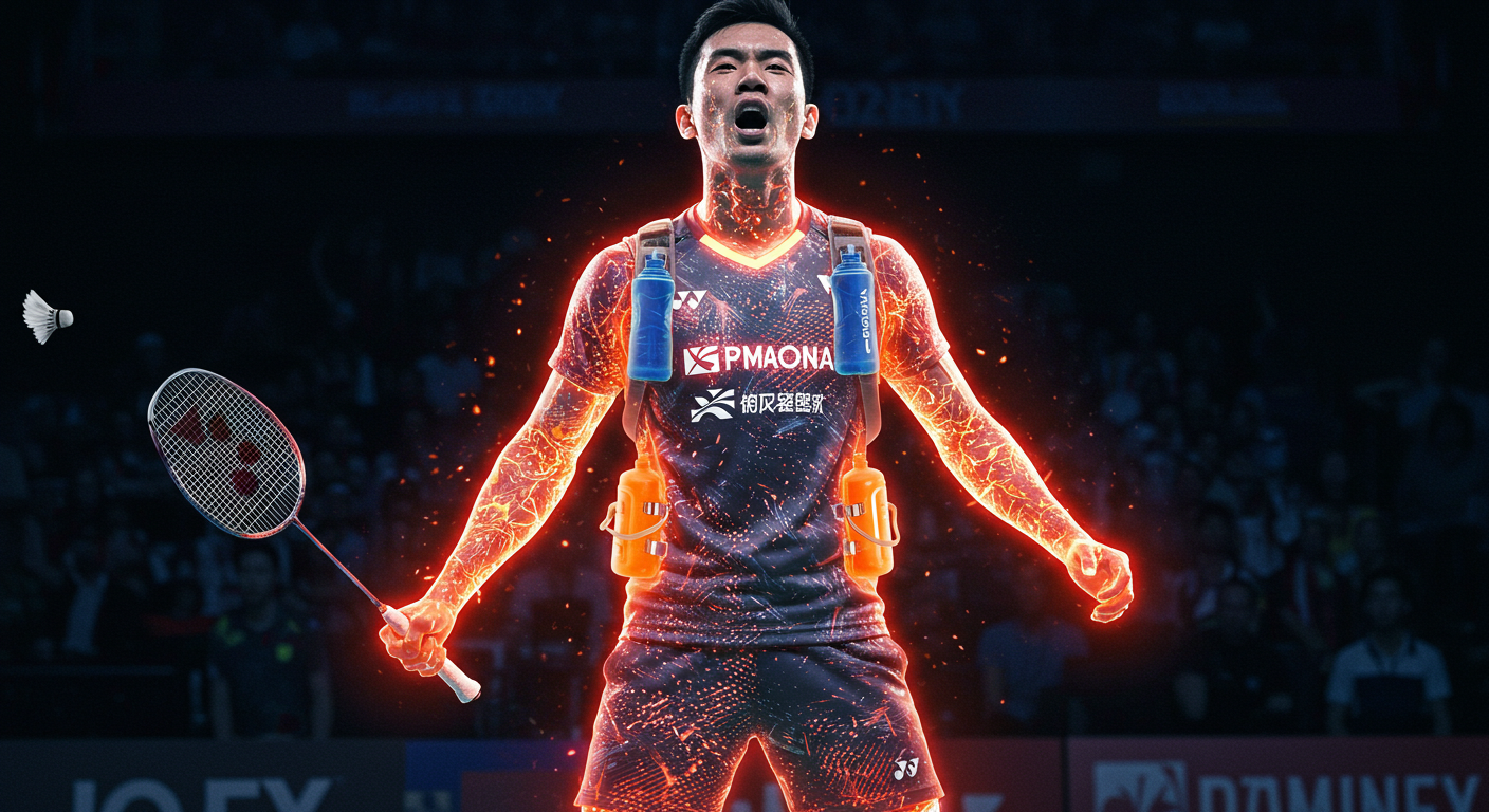 A precision-focused badminton superhero in a sleek uniform with laser-guided gloves and a visor displaying shot trajectories. The player is poised to deliver a perfect shuttlecock strike with ultimate accuracy.