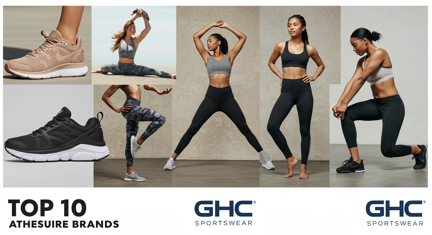 A modern collage of the top 10 athleisure brands in 2025, featuring sneakers, yoga gear, and athletes in action, with subtle brand logos for Nike, Adidas, Lululemon, and more, and the GHC Sportswear logo highlighting custom athleisure solutions