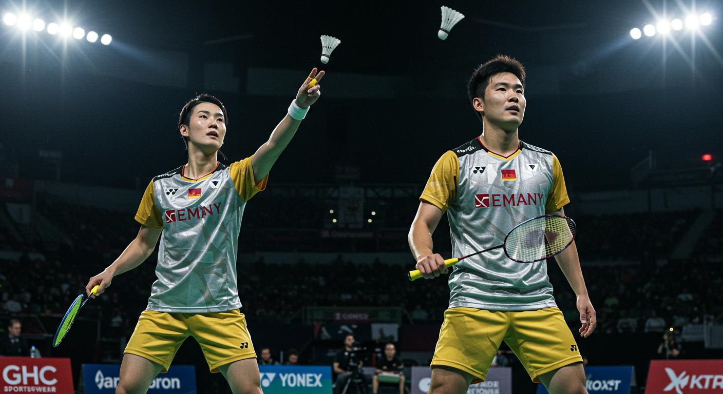 Players in metallic silver and gold badminton uniforms under bright stadium lights.