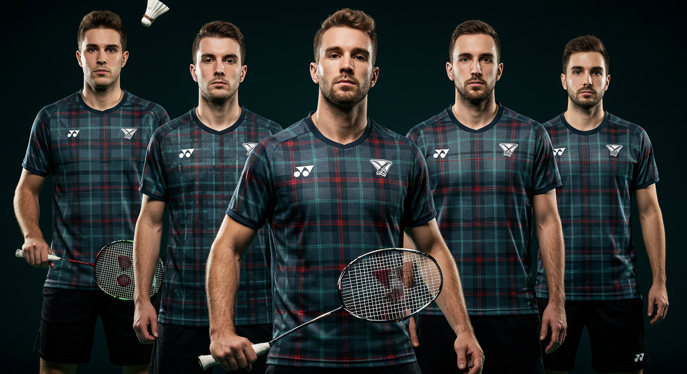 Scottish badminton players wearing tartan-patterned uniforms and kilts, blending tradition with modern athletic wear.