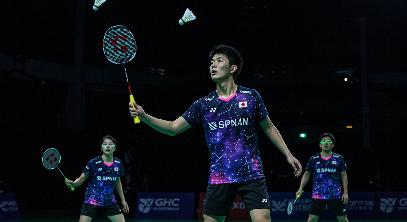 Japanese badminton players wearing glow-in-the-dark uniforms with constellations, playing under black lights during a nighttime match.