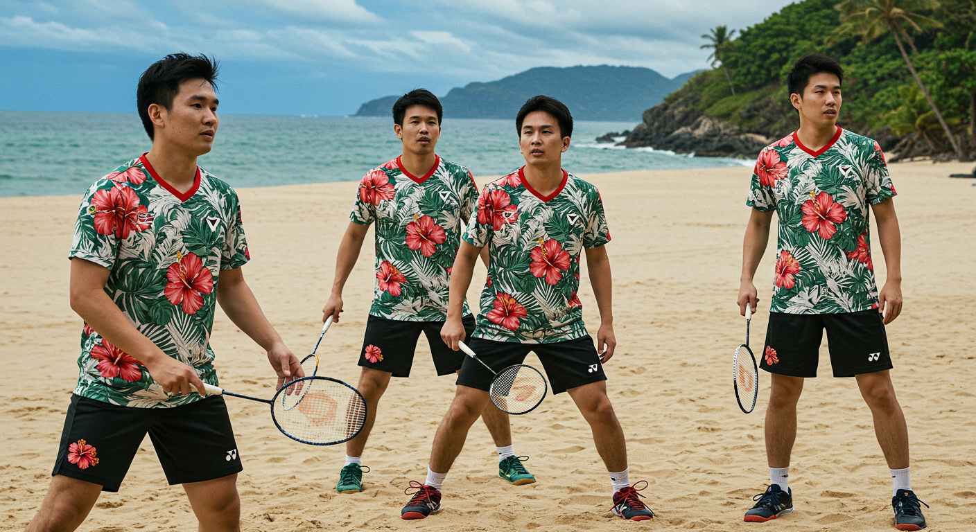 Badminton players in floral-print uniforms with hibiscus flowers on a beach court.