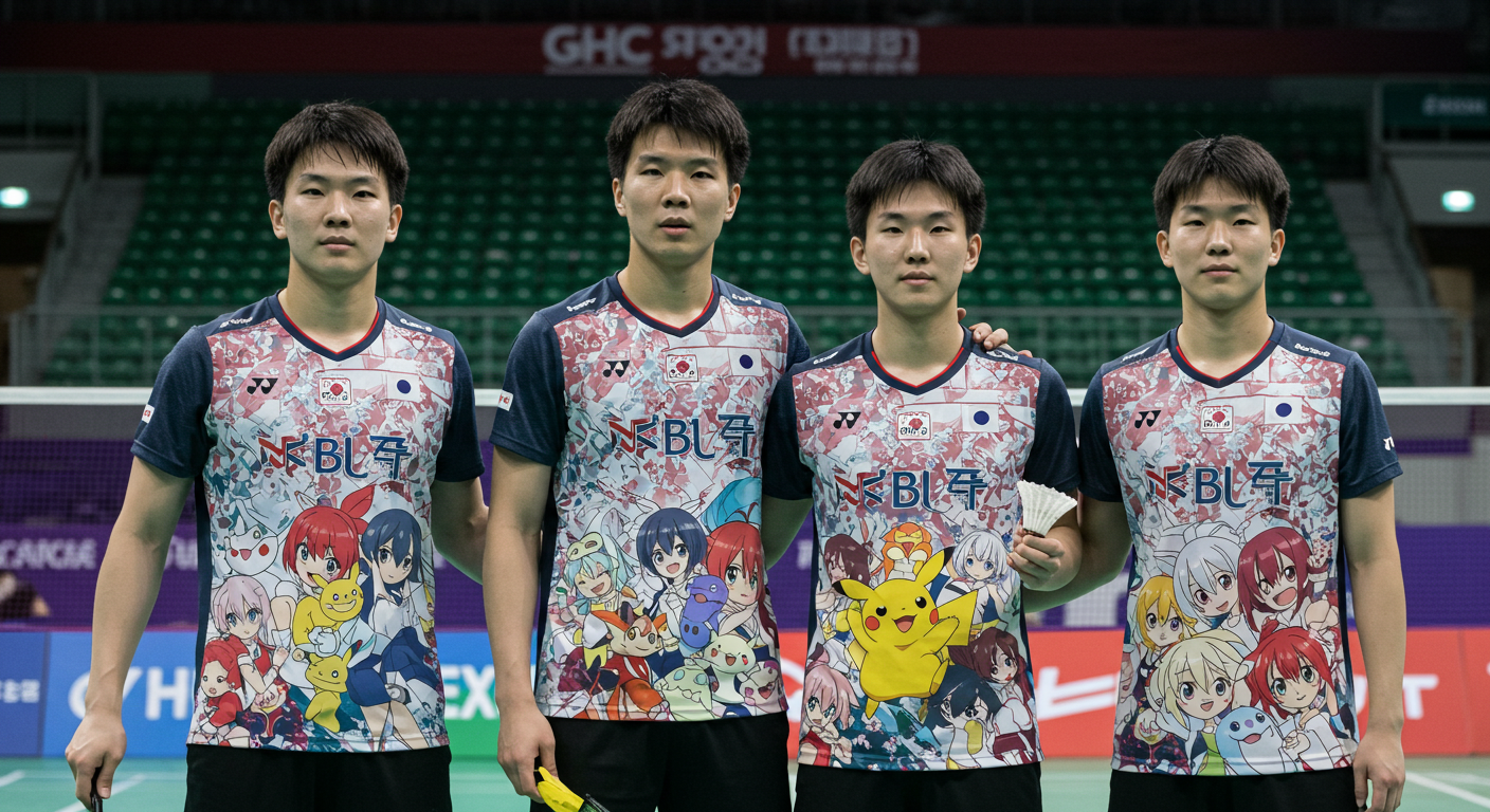 Players in anime-themed badminton uniforms, including a Pikachu design, on an indoor court.