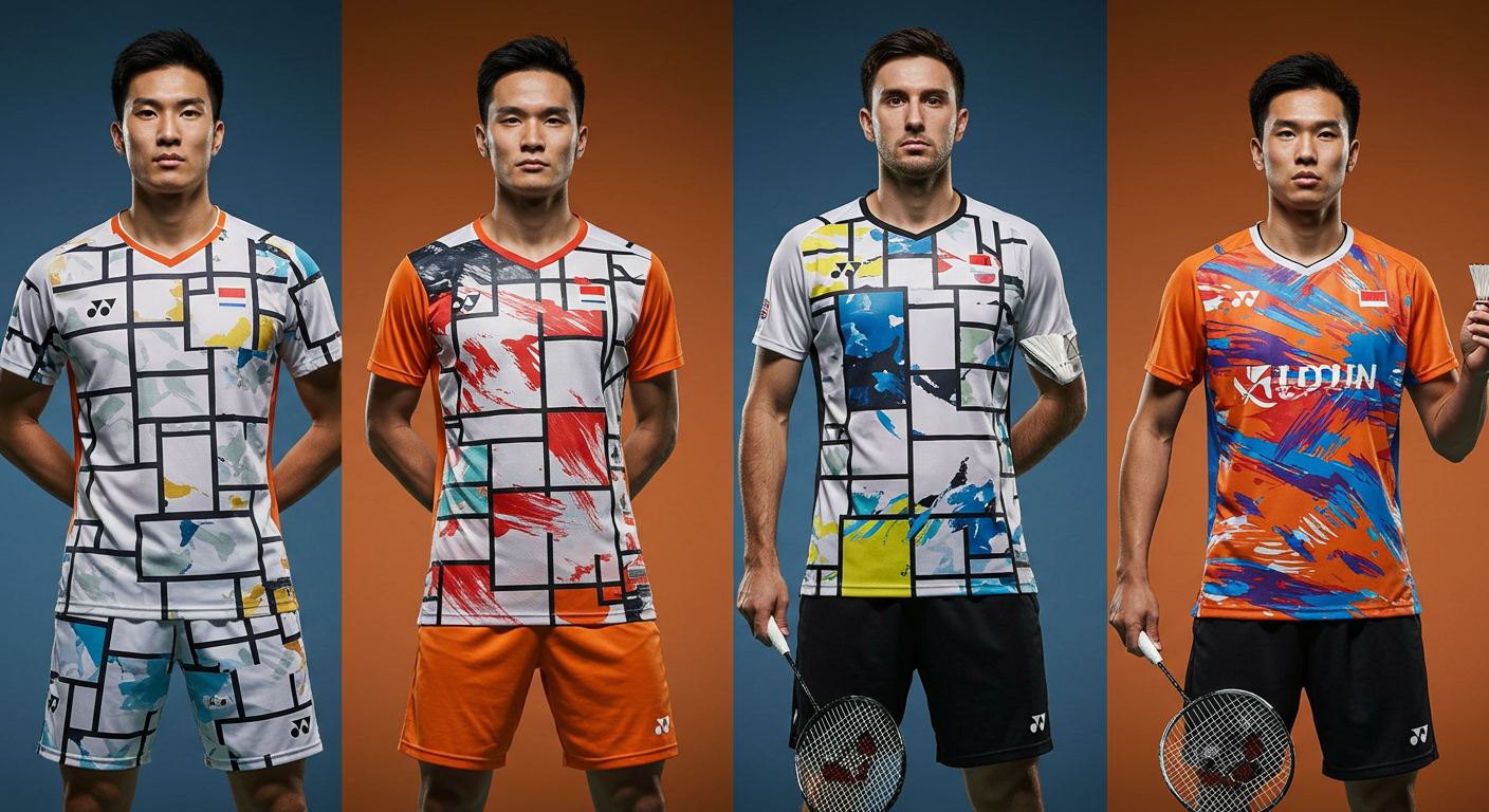 "Dutch players in vibrant badminton uniforms with abstract art-inspired designs."