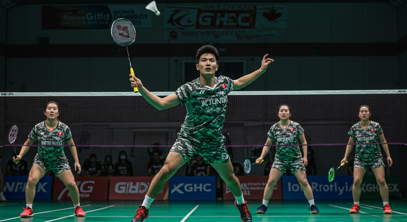 Badminton players in camouflage-patterned uniforms on an indoor court