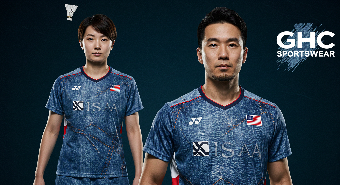 "Players in denim-themed badminton uniforms with printed stitching on an indoor court.