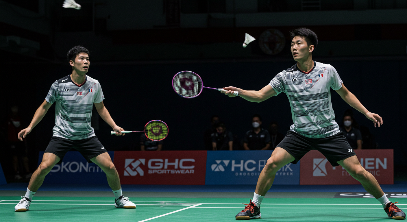 Players in black-and-white striped badminton uniforms on an indoor court