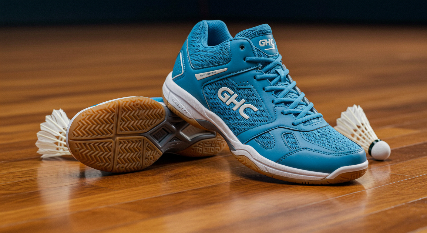 Badminton shoes with non-marking soles, ankle support, and breathable design placed on a wooden court next to a shuttlecock, with the GHC Sportswear logo