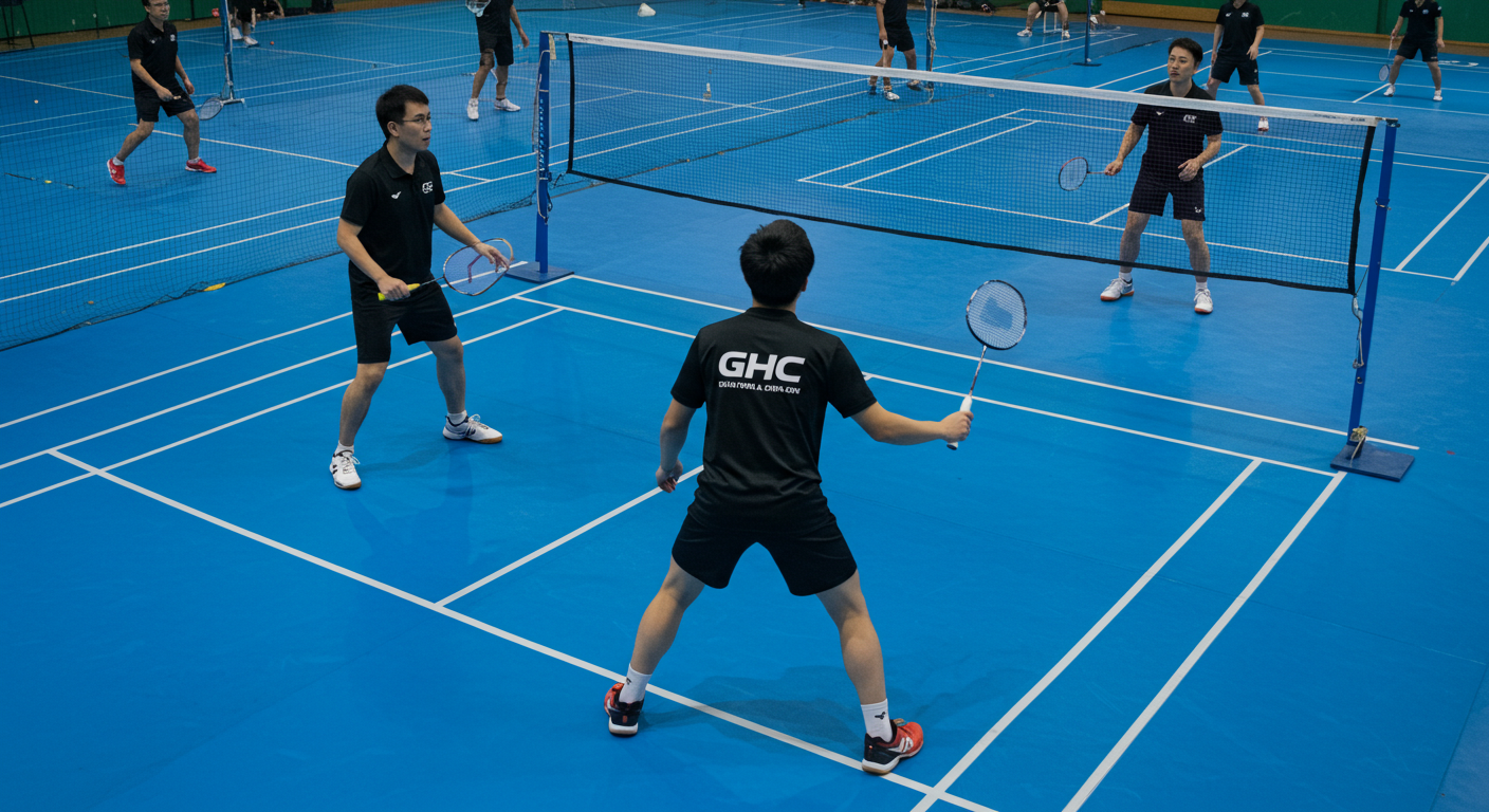 Amateur badminton players in comfortable sportswear, playing on a recreational court.