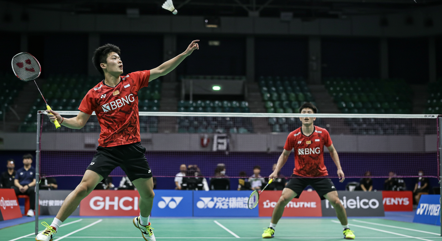 Professional badminton players wearing official tournament uniforms with team sponsors."