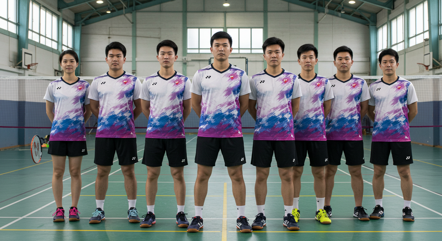 "A team of badminton players wearing customized uniforms designed for style and comfort."