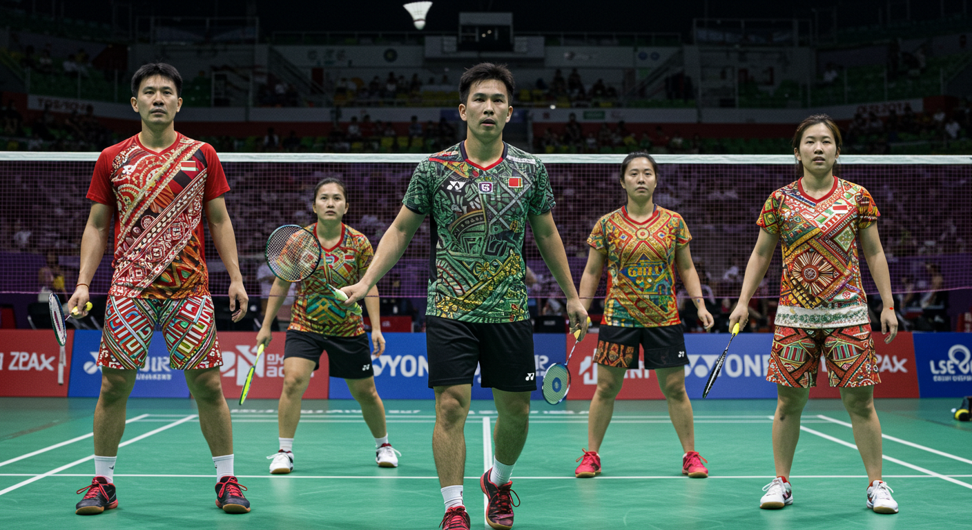 Badminton players from different regions wearing culturally influenced attire.