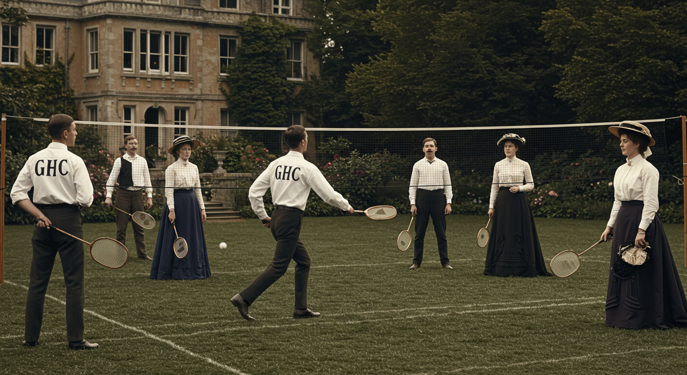 19th-century badminton players dressed in formal shirts, trousers, and full-length skirts.