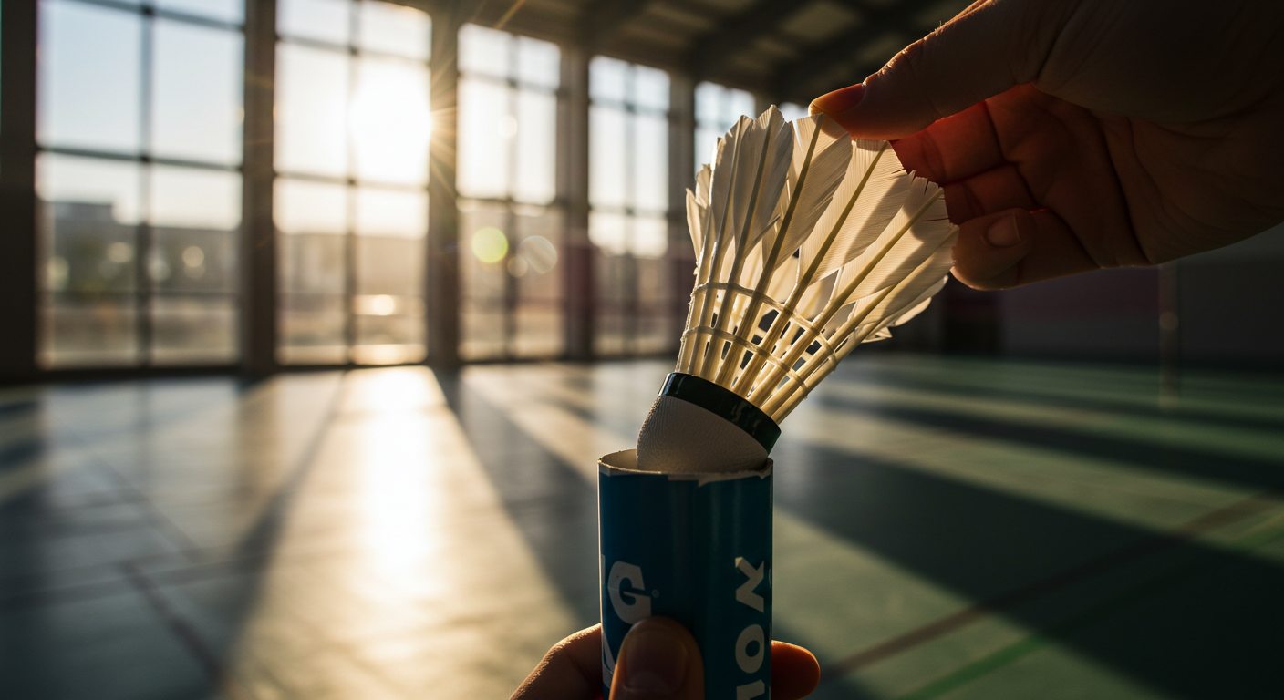 A hand gently pulling a shuttlecock out of its tube on a badminton court bathed in golden sunlight. The serene morning light reflects off the polished court, setting the stage for a fresh game.