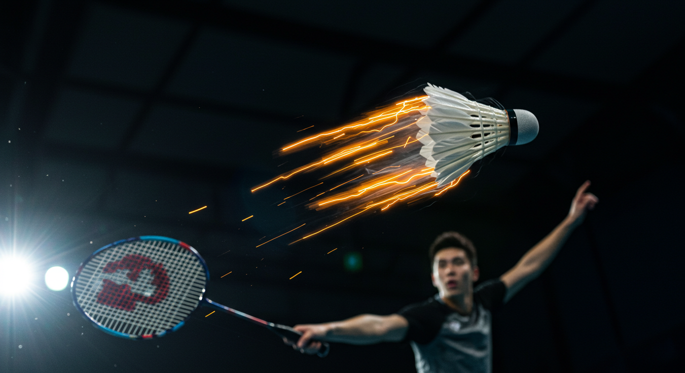 A badminton shuttlecock streaking through the air with fiery energy trails after being struck by a powerful smash. A player in the background is captured mid-action under dramatic lighting, showcasing precision and intensity on the court.