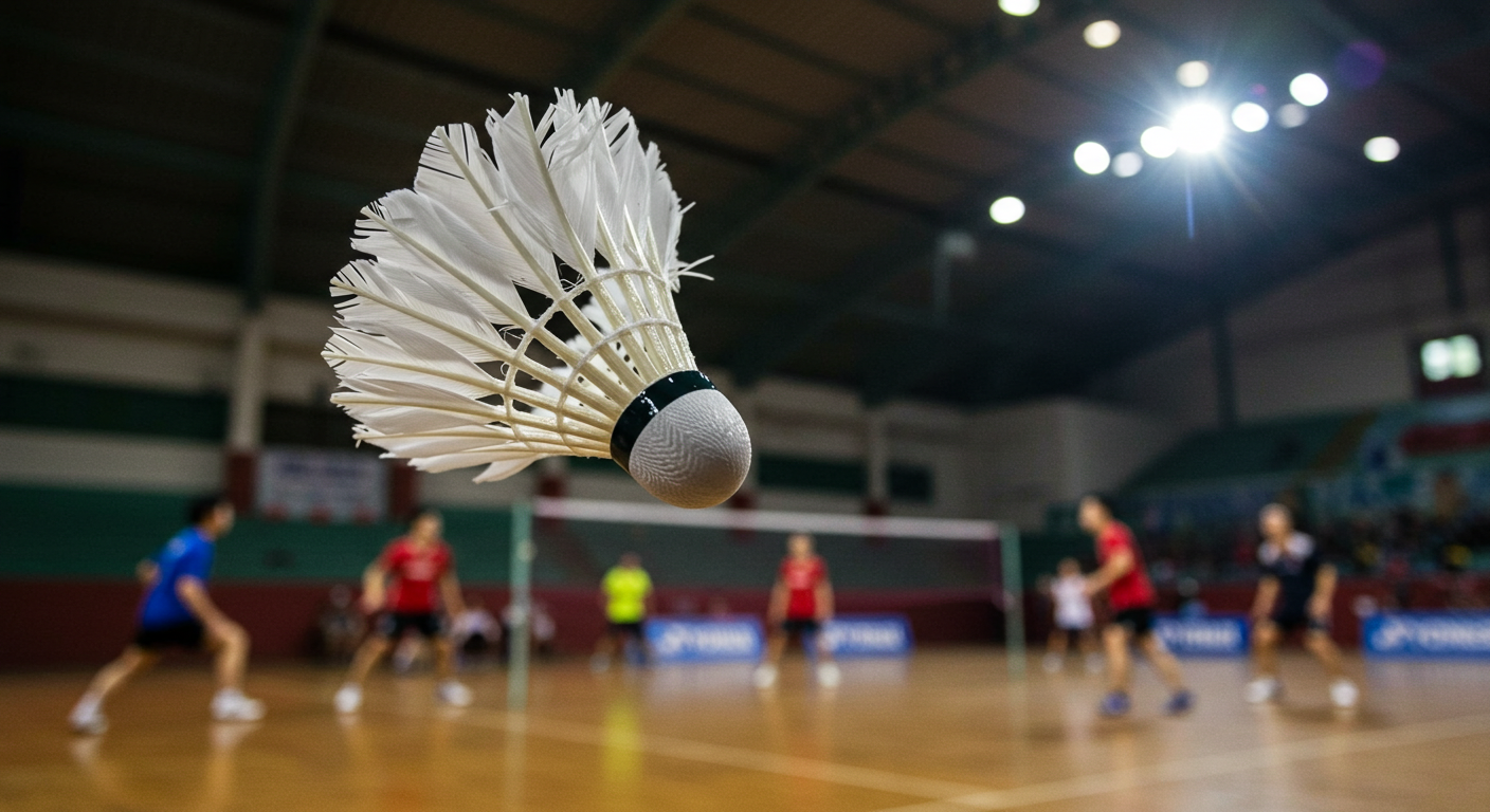 A close-up of a badminton shuttlecock soaring through the air during a match, with players blurred in the background on a brightly lit indoor court. The dynamic action highlights the intensity of the game and precision of play.