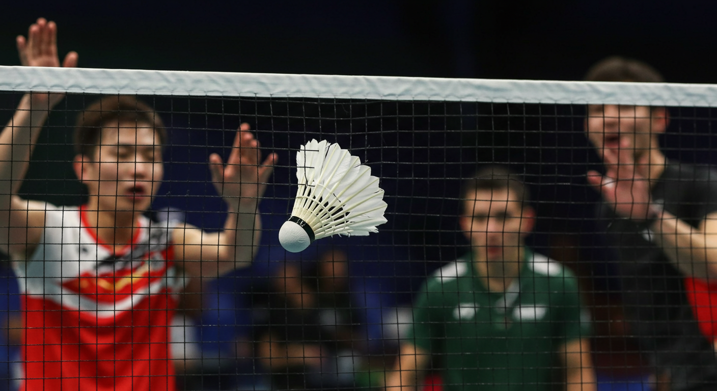 A badminton shuttlecock suspended mid-air in front of the net during a dramatic play. Players on both sides of the court are caught mid-reaction, highlighting the intense competition and pivotal moment of the match.