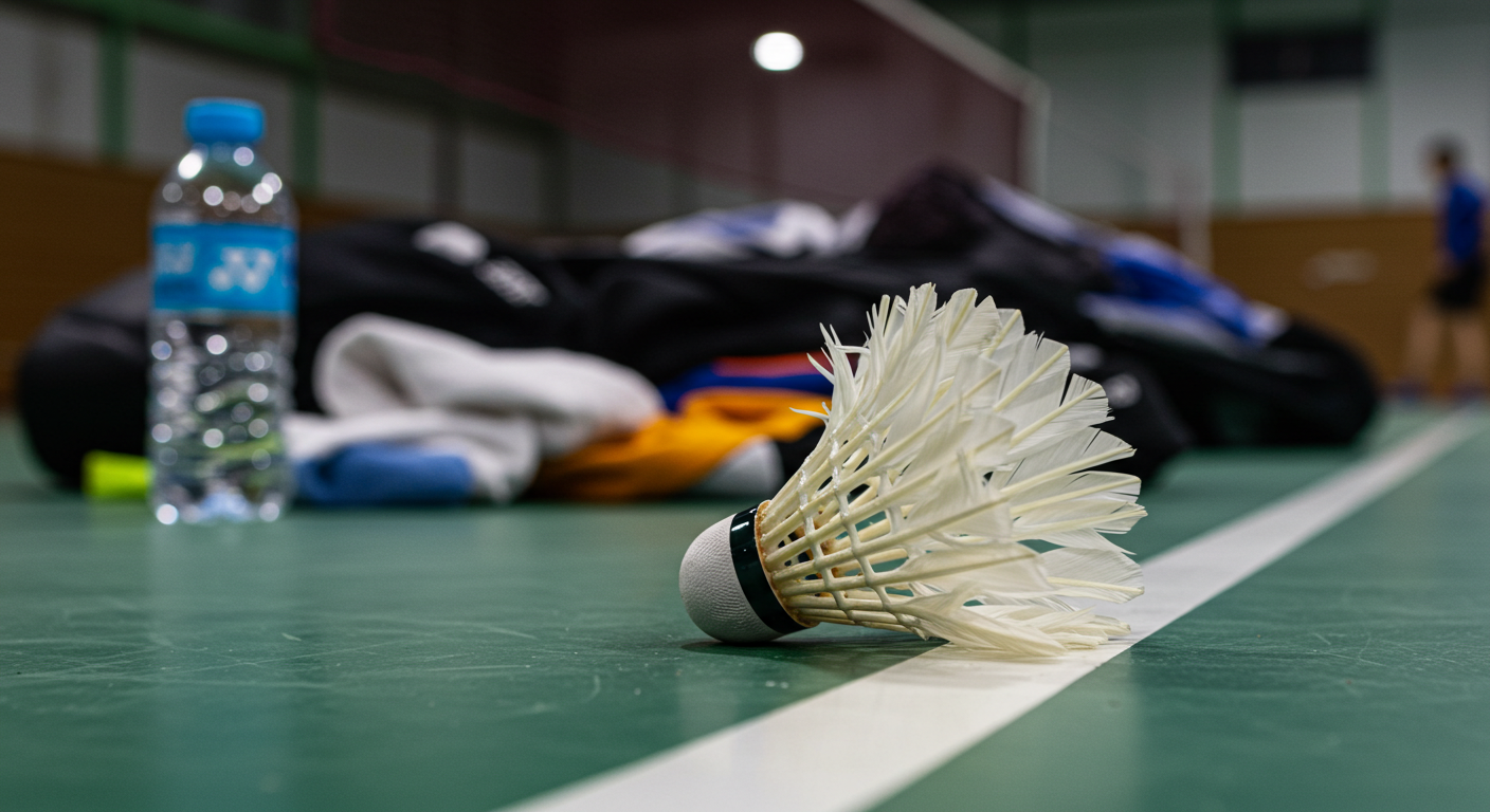 A badminton shuttlecock resting on the sidelines of a court, with sports gear like a water bottle, towel, and bag blurred in the background. The scene captures the essence of a mid-game pause during a badminton match.