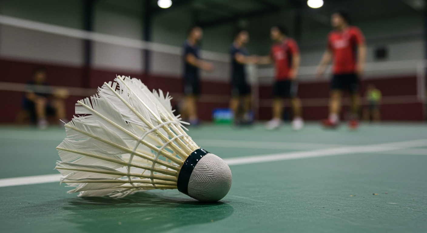 A close-up of a badminton shuttlecock lying on the court, with blurred players in the background exchanging post-match handshakes. The image reflects sportsmanship and the conclusion of an intense game.