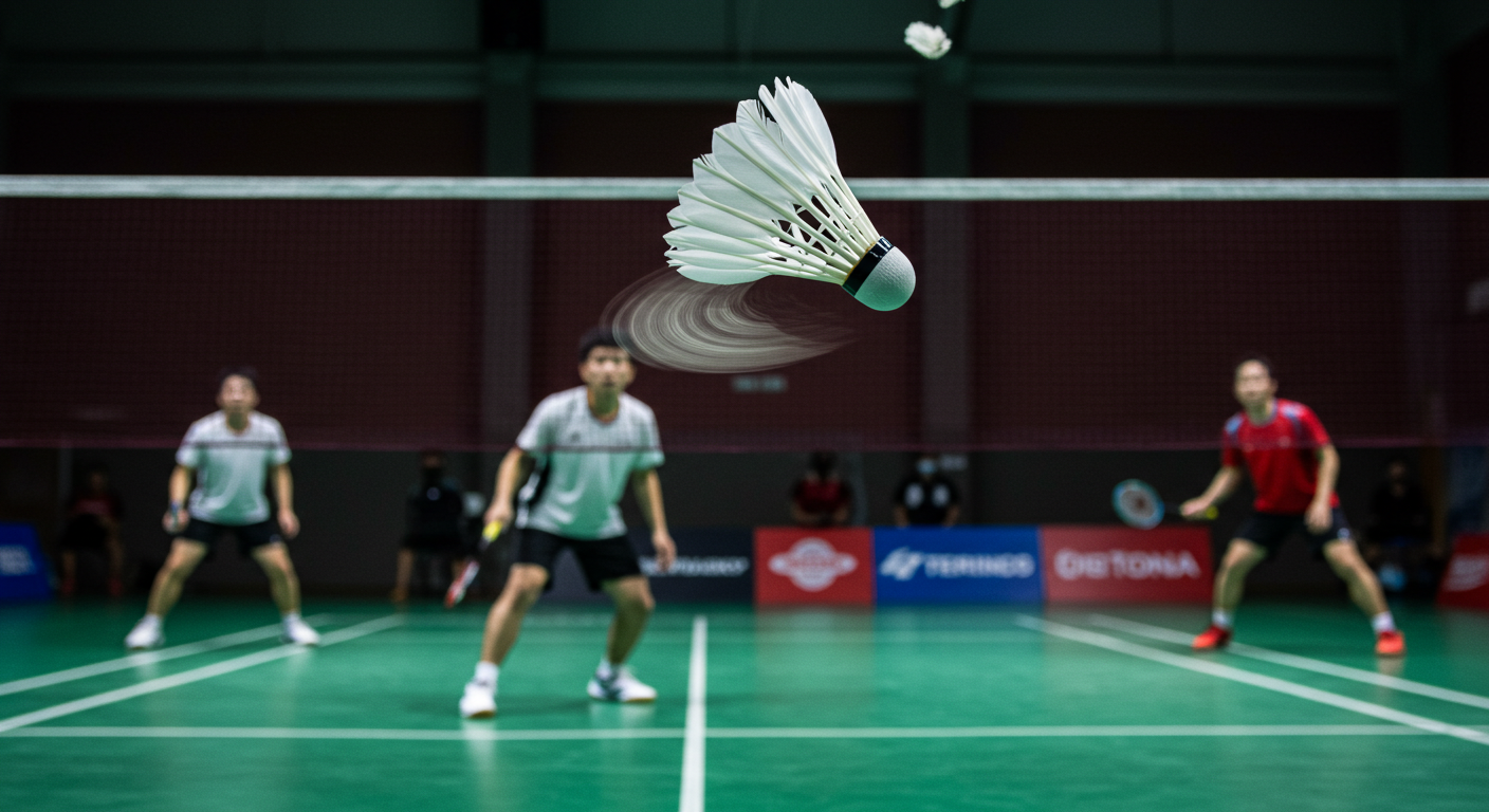 "A badminton shuttlecock spinning mid-air during an intense rally, with players on both sides of the court ready to respond. The vibrant indoor court features dynamic action and precision gameplay, showcasing GHC Sportswear-inspired uniforms."