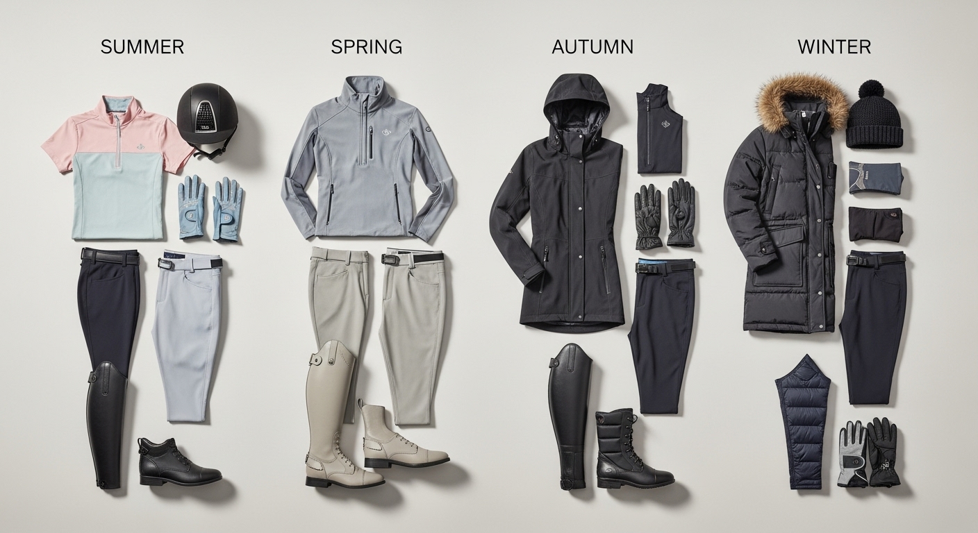 Seasonal equestrian gear checklist showing riding apparel for all four seasons