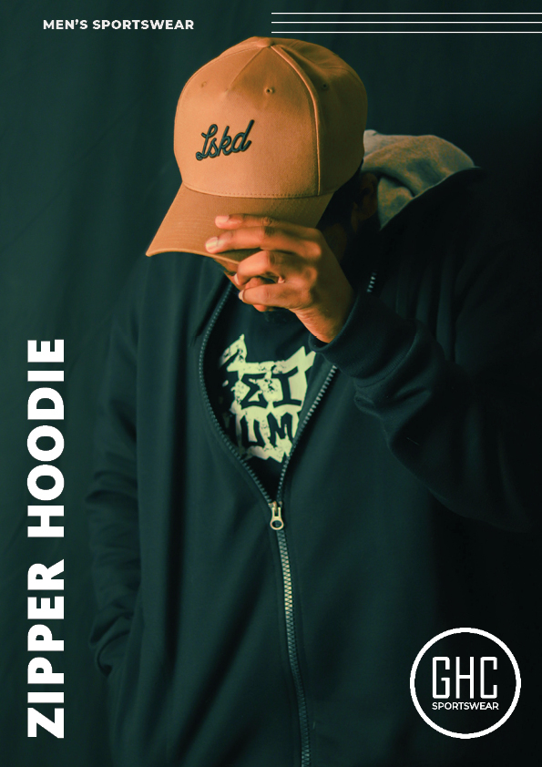 A man wearing a custom men's zipper hoodie and a beige cap, showcasing the stylish and comfortable design available at ghcsportswear.com.