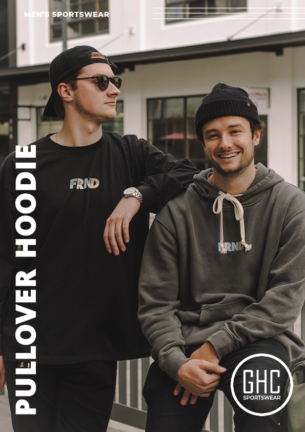 Two men wearing custom men's pullover hoodies from GHC Sportswear, standing casually outdoors, showcasing personalized designs with the word "FRND" on the front.