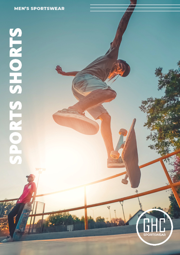 A skateboarder performing a trick while wearing custom men's sports shorts, showcasing the product's versatility and style from GHC Sportswear.