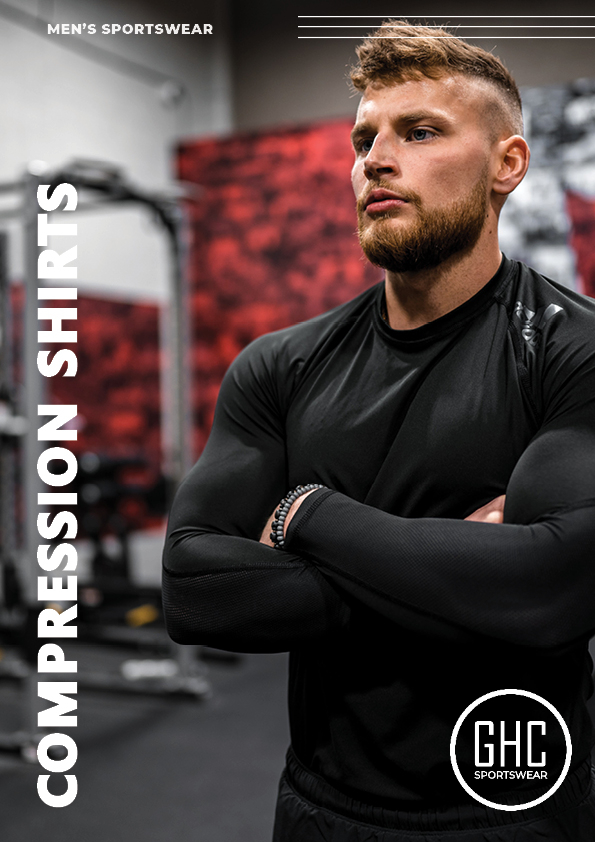 A man wearing a black custom men's compression shirt from GHC Sportswear, standing with arms crossed in a gym setting. The text highlights the option to personalize compression shirts to enhance performance and comfort.