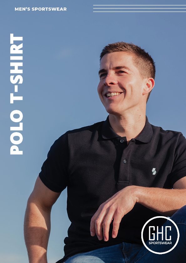 Man wearing a custom men's polo shirt from GHC Sportswear, smiling and sitting outdoors against a blue sky. The shirt features a classic design, showcasing its versatility and style.